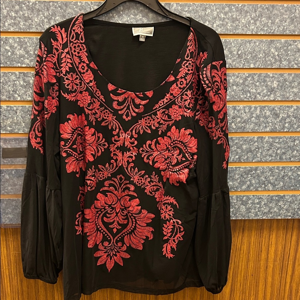 JM Collection Black Blouse with Red Embroidery
